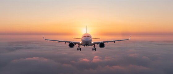 Fototapeta premium A large jetliner flies through a cloudy sky with the sun peeking from before it, casting rays of light