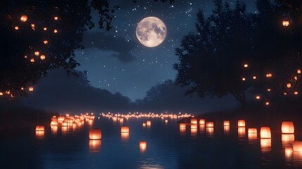 Floating lanterns gently drifting on a calm river their reflections mirroring the soft moonlight amidst a serene darkened landscape of trees  Evocative of a tranquil spiritual Mid Autumn Festival