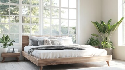 A Nordic-style bed with a clean, modern design, set in a room with large windows and natural light.