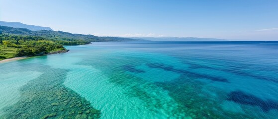 Obraz premium A birds-eye perspective of a water body with a sandy shoreline in the foreground and a forested landscape in the background