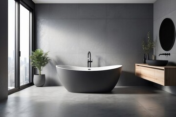 Modern Bathroom with Freestanding Tub and City View