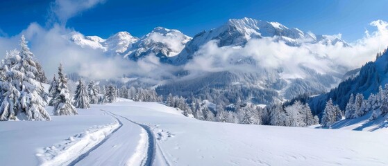  A snow-covered mountain features a winding trail in the foreground, while trees line the distant foothills
