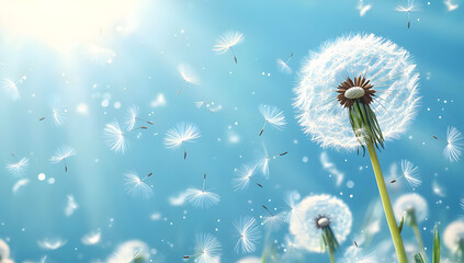 Obraz premium A close-up view of a dandelion puff against a bright blue sky, with seeds gently drifting away in the sunlight.