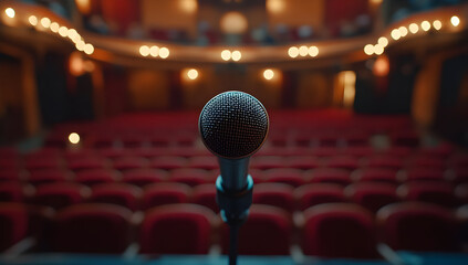 A close-up view of a microphone in an empty theater, highlighting the stage's anticipation and drama.