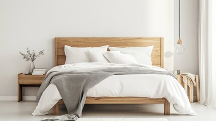 A Nordic-style bed with a light wood frame and white linens, creating a serene and calming environment.