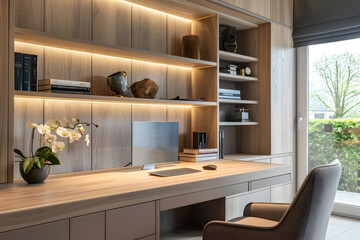 Fototapeta premium Modern Home Office with Wooden Desk and Built-in Shelving - Interior Design Illustration