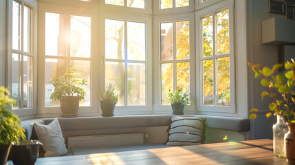 Sunny Bay Window with Plants and Bench - Photo