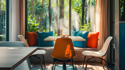 Fototapeta premium Modern Interior Design with Wooden Table and Chairs in Front of a Large Window with Green View Photo