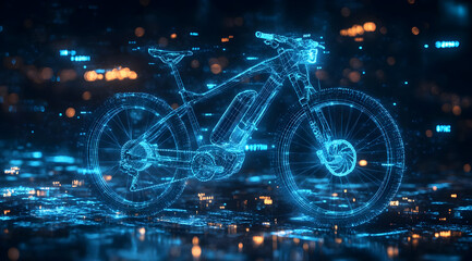 A futuristic blue hologram of an electric bike, showcasing advanced technology and innovation in transportation.