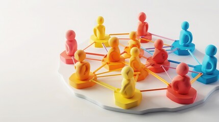 Obraz premium Colorful figurines connected in a network, representing collaboration and teamwork in a modern digital age.