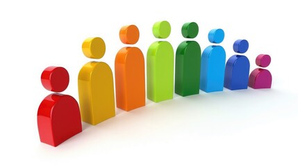 Colorful figurines representing teamwork and diversity, arranged in a line, symbolizing unity and collaboration in a playful design.