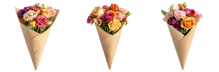  set of A of Kraft paper bouquet flower cone mockups on a transparent background 