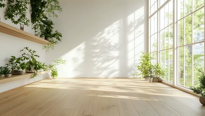Fototapeta premium Sunlight Streaming Through Windows in a Minimalist Room with Wooden Floors and Greenery