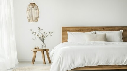 A Nordic-style bed with a white duvet and light wood accents, perfect for a cozy, minimalist bedroom.