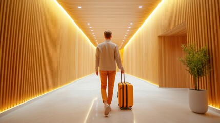 A man walking down a hallway with his suitcase in tow, AI
