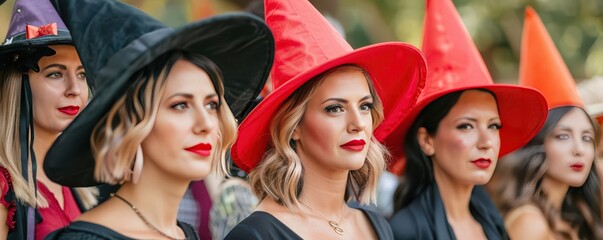 Fototapeta premium Guests dressed as witches and wizards at a Halloween birthday, Halloween Birthday, themed gathering