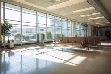 Fototapeta premium Empty airport terminal waiting area lounge architecture furniture building.