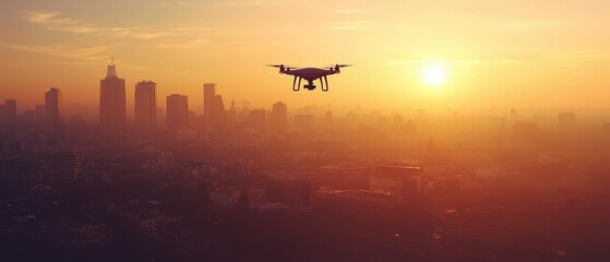 Fototapeta premium Drone flying over a cityscape during sunrise,