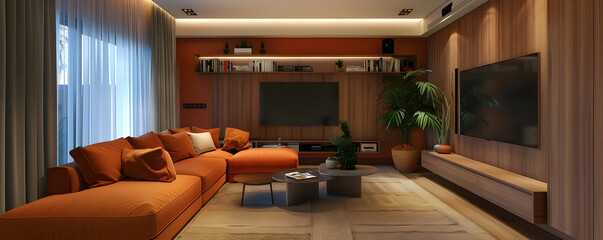 Modern Living Room Interior Design with Orange Sofa and Wooden Wall 3D Illustration