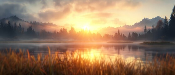 Fototapeta premium A sunset painting over a body of water, with trees in the foreground and a mountain range in the background