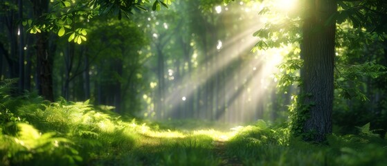 Obraz premium The sun penetrates the forest, illuminating a path lined with tall, leafy trees and verdant grass on both sides