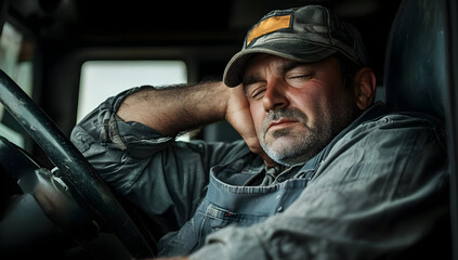A tired truck driver takes a moment to rest, showcasing the challenges of long hours on the road and the need for a break.