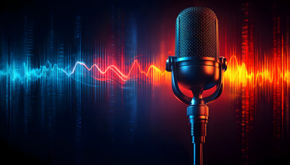 A vibrant microphone surrounded by colorful sound waves. Perfect representation of music, audio, and broadcasting themes.