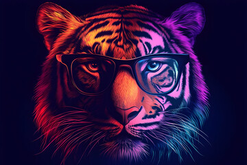 Obraz premium A vibrant, colorful illustration of a tiger wearing glasses, showcasing a unique blend of wild and modern elements.