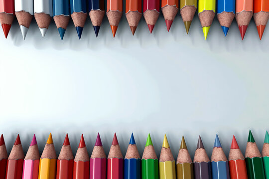 Copy space border of colored pencils. Row at the top and bottom. Colorful pencil frame with white paper in the center for text