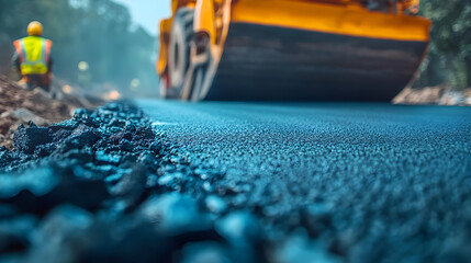 Close-up view of a road roller compacting asphalt on a construction site, showcasing machinery and fresh pavement.