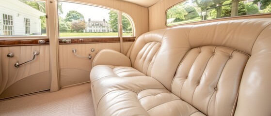  A tan leather couch in a living room, nestled by a window overlooking a white house