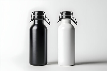 Stylish black and white metal water bottles on a clean background for modern lifestyle and eco-friendly choices.