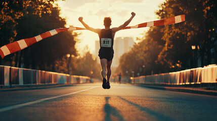 Marathon Finish Line: A triumphant runner crosses the finish line, arms raised in victory, against...