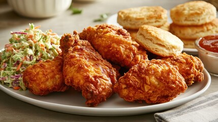 A platter of southern-style fried chicken, accompanied by coleslaw and biscuits.