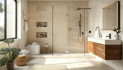 Modern bathroom with a walk-in shower and wooden vanity.