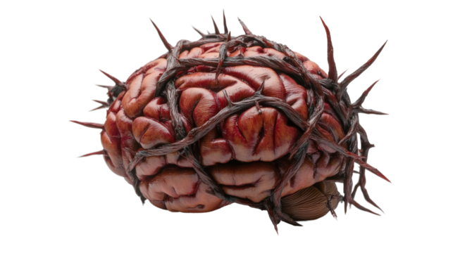 A close-up of a brain encased in thorny vines, symbolizing pain, struggle, and complexity of thought.