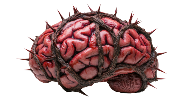 A highly detailed and artistic depiction of a brain with unusual thorny features, showcasing biological and surreal elements.
