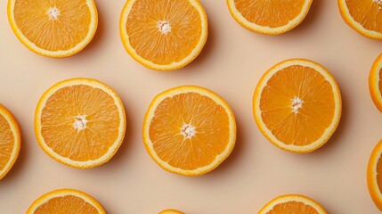 Fresh Juicy Orange Slices on Elegant Beige Background - Top View Flat Lay