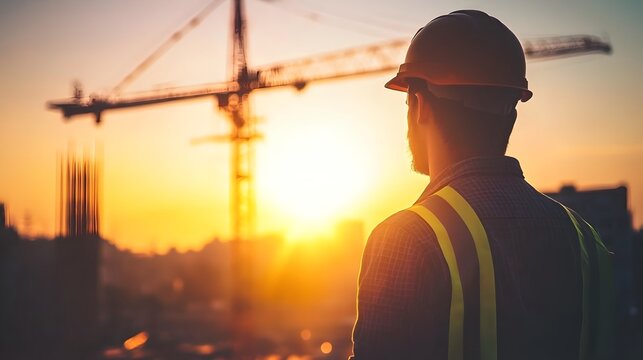 Civil engineer inspecting construction site at dawn with crane in the background