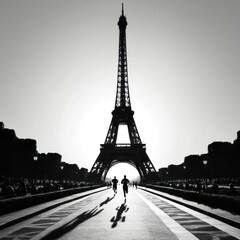 Vintage travel poster featuring joggers in front of the eiffel tower silhouette runner Illustration 