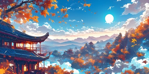 Obraz premium Ethereal Jade Rabbit Overlooking Temple Under Full Moon: Captivating 2023 Mid-Autumn Festival Abstract Design. AI-Generated Anime-Style Artwork for Marketing, UI Decoration, and Web Banners. Cinematic