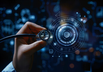 Doctor holding a stethoscope with digital health technology symbols in the background