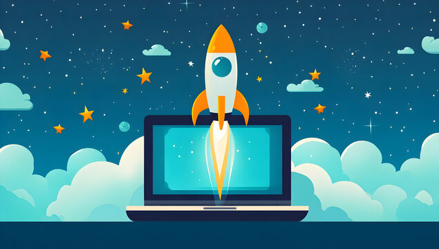 A colorful rocket launching from a laptop, symbolizing innovation and creativity in technology against a starry background.