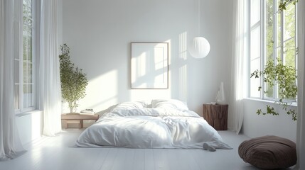 Fototapeta premium A serene Nordic bedroom with a clean, modern design, set in a bright, airy space.