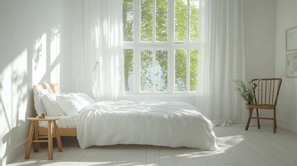 A serene Nordic bedroom with a clean, modern design, set in a bright, airy space.