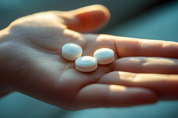 A hand holding three white pills, symbolizing health, medicine, and wellness in a serene natural light setting.