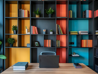Modern Office Interior Design with Colorful Bookshelves, Laptop, and Wooden Desk - Photo