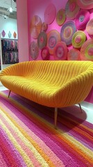 Yellow loveseat sofa and side tables against a colorful circle-patterned wall. The mid-century interior design of the modern living room.
