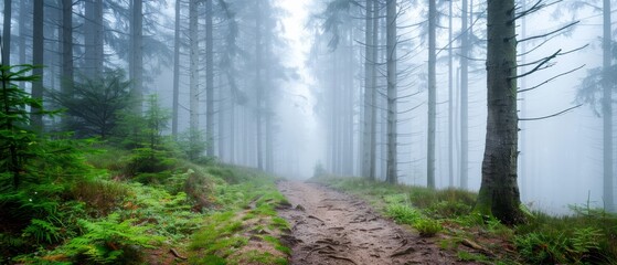 Obraz premium A dirt path, bordered by dense trees on either side, winds through a fog-shrouded forest