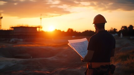 Fototapeta premium Engineer Reviewing Construction Site Blueprints at Twilight